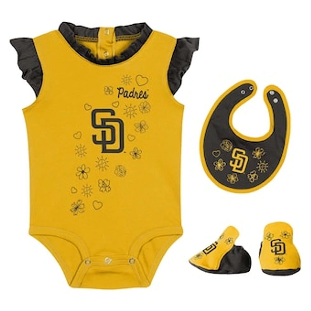 Girls Newborn & Infant Fanatics Gold San Diego Padres Happy Baseball Bodysuit, Bib Bootie Set