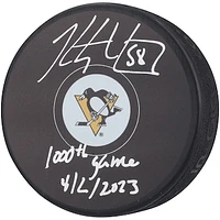 Kris Letang Pittsburgh Penguins Autographed Hockey Puck with "1,000TH GAME 4-2-23" Inscription