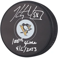 Kris Letang Pittsburgh Penguins Autographed Hockey Puck with "1,000TH GAME 4-2-23" Inscription