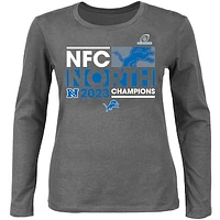 Women's Heather Charcoal Detroit Lions 2023 NFC North Division Champions Plus Size Conquer Long Sleeve Scoop Neck T-Shirt