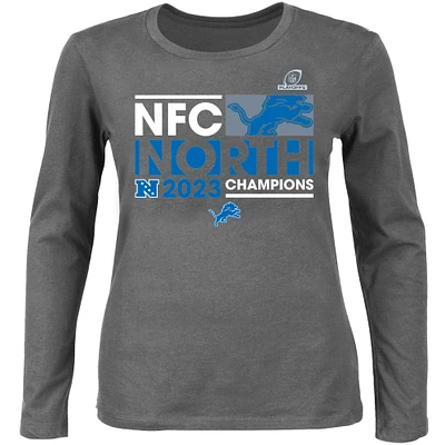 Women's Heather Charcoal Detroit Lions 2023 NFC North Division Champions Plus Size Conquer Long Sleeve Scoop Neck T-Shirt