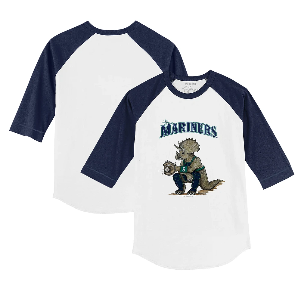 Infant Tiny Turnip White/Navy Seattle Mariners Triceratops 3/4-Sleeve Raglan T-Shirt