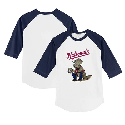 Infant Tiny Turnip White/Navy Washington Nationals Triceratops 3/4-Sleeve Raglan T-Shirt