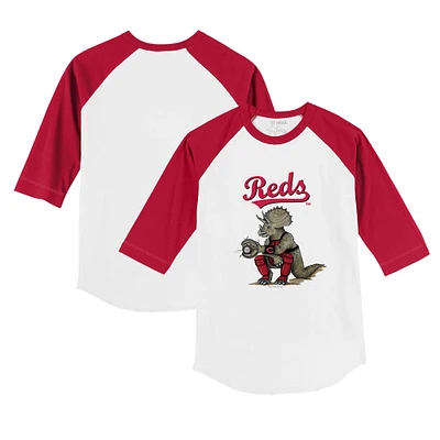 Infant Tiny Turnip White/Red Cincinnati Reds Triceratops 3/4-Sleeve Raglan T-Shirt