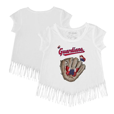Girls Toddler Tiny Turnip White Cleveland Guardians Butterfly Glove Fringe T-Shirt