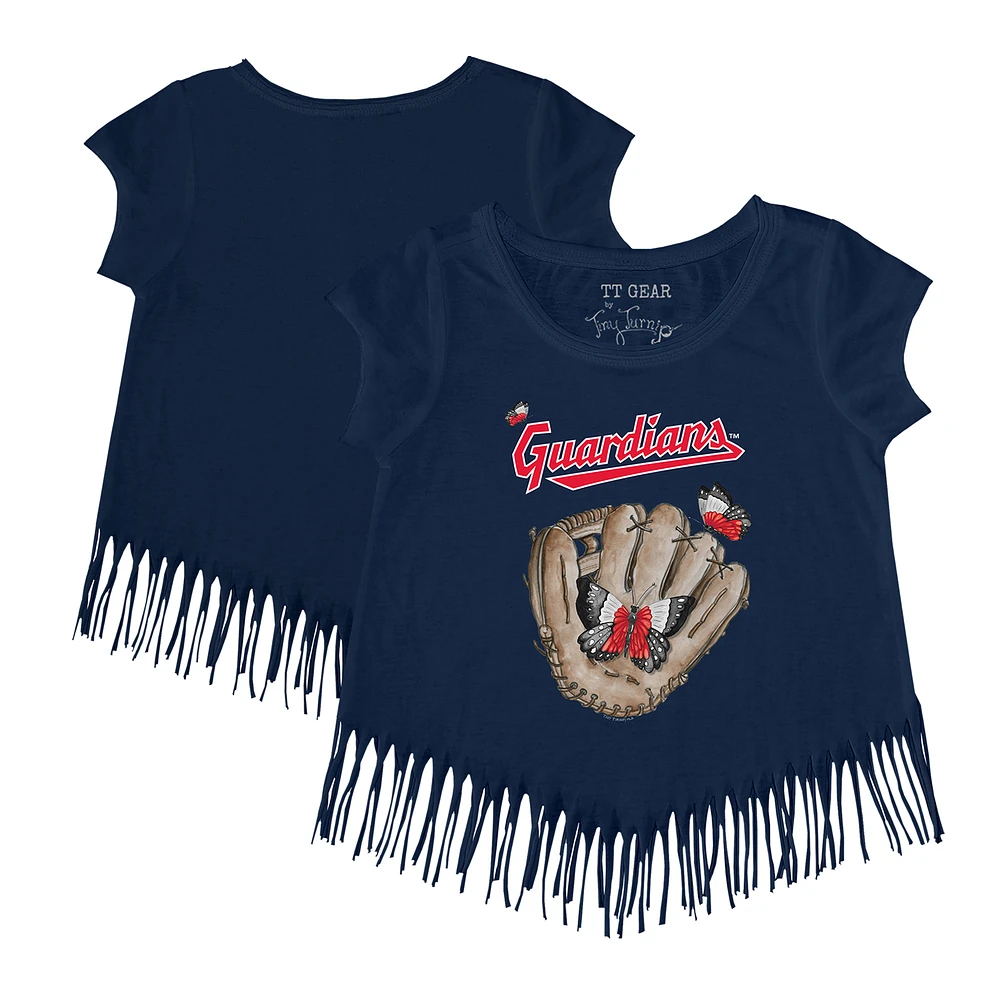 Girls Toddler Tiny Turnip Navy Cleveland Guardians Butterfly Glove Fringe T-Shirt
