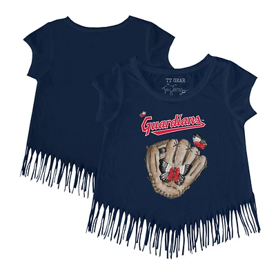 Girls Toddler Tiny Turnip Navy Cleveland Guardians Butterfly Glove Fringe T-Shirt