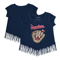 Girls Toddler Tiny Turnip Navy Cleveland Guardians Butterfly Glove Fringe T-Shirt