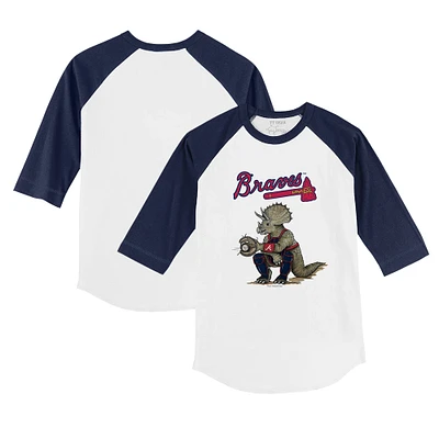 Toddler Tiny Turnip White/Navy Atlanta Braves Triceratops 3/4-Sleeve Raglan T-Shirt