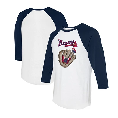Unisex Tiny Turnip White/Navy Atlanta Braves Butterfly Glove 3/4-Sleeve Raglan T-Shirt