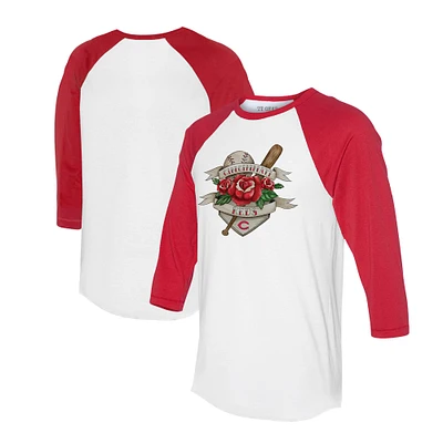 Unisex Tiny Turnip White/Red Cincinnati Reds Tattoo Rose 3/4-Sleeve Raglan T-Shirt