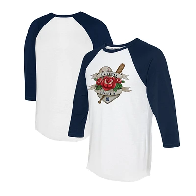 Unisex Tiny Turnip White/Navy Detroit Tigers Tattoo Rose 3/4-Sleeve Raglan T-Shirt