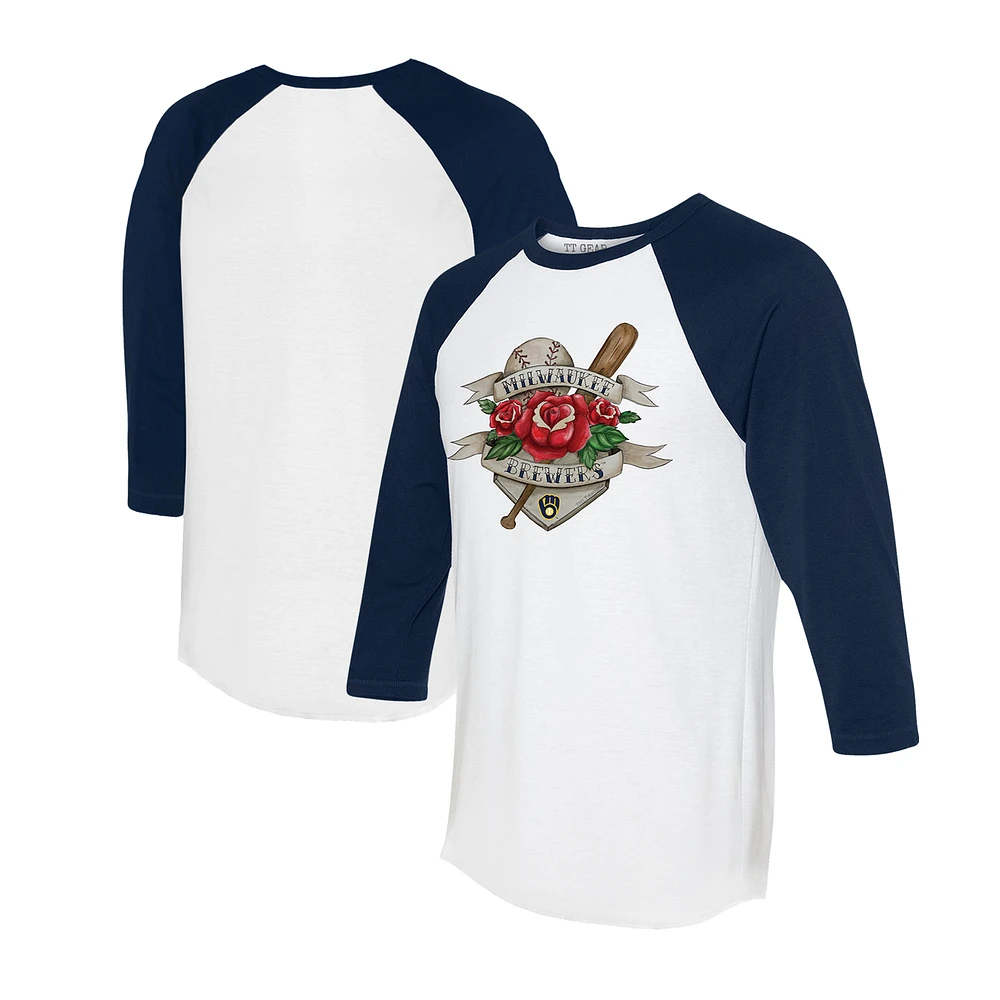 Unisex Tiny Turnip White/Navy Milwaukee Brewers Tattoo Rose 3/4-Sleeve Raglan T-Shirt