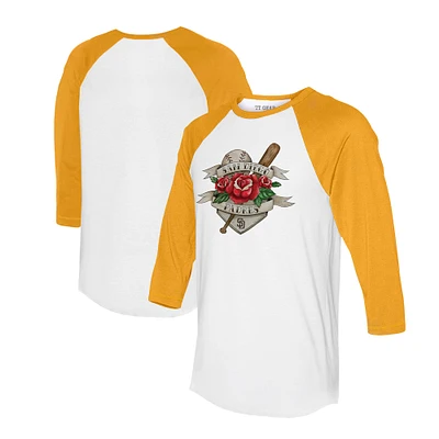 Unisex Tiny Turnip White/Gold San Diego Padres Tattoo Rose 3/4-Sleeve Raglan T-Shirt