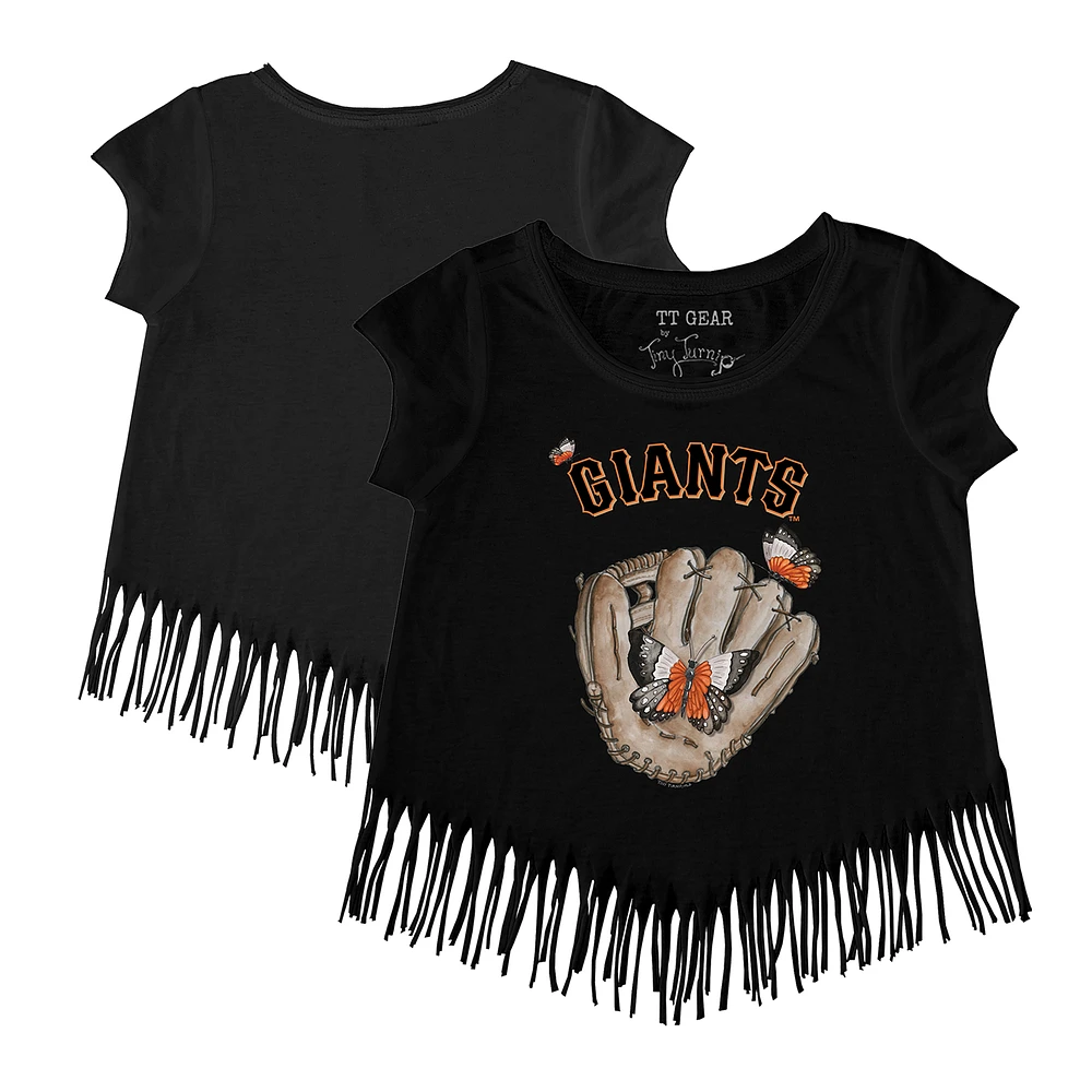 Girls Youth Tiny Turnip Black San Francisco Giants Butterfly Glove Fringe T-Shirt