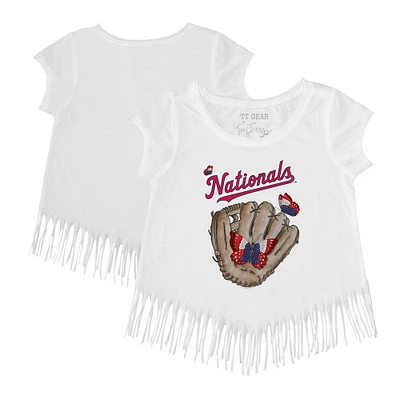 Girls Youth Tiny Turnip White Washington Nationals Butterfly Glove Fringe T-Shirt