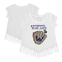 Girls Youth Tiny Turnip White Toronto Blue Jays Butterfly Glove Fringe T-Shirt