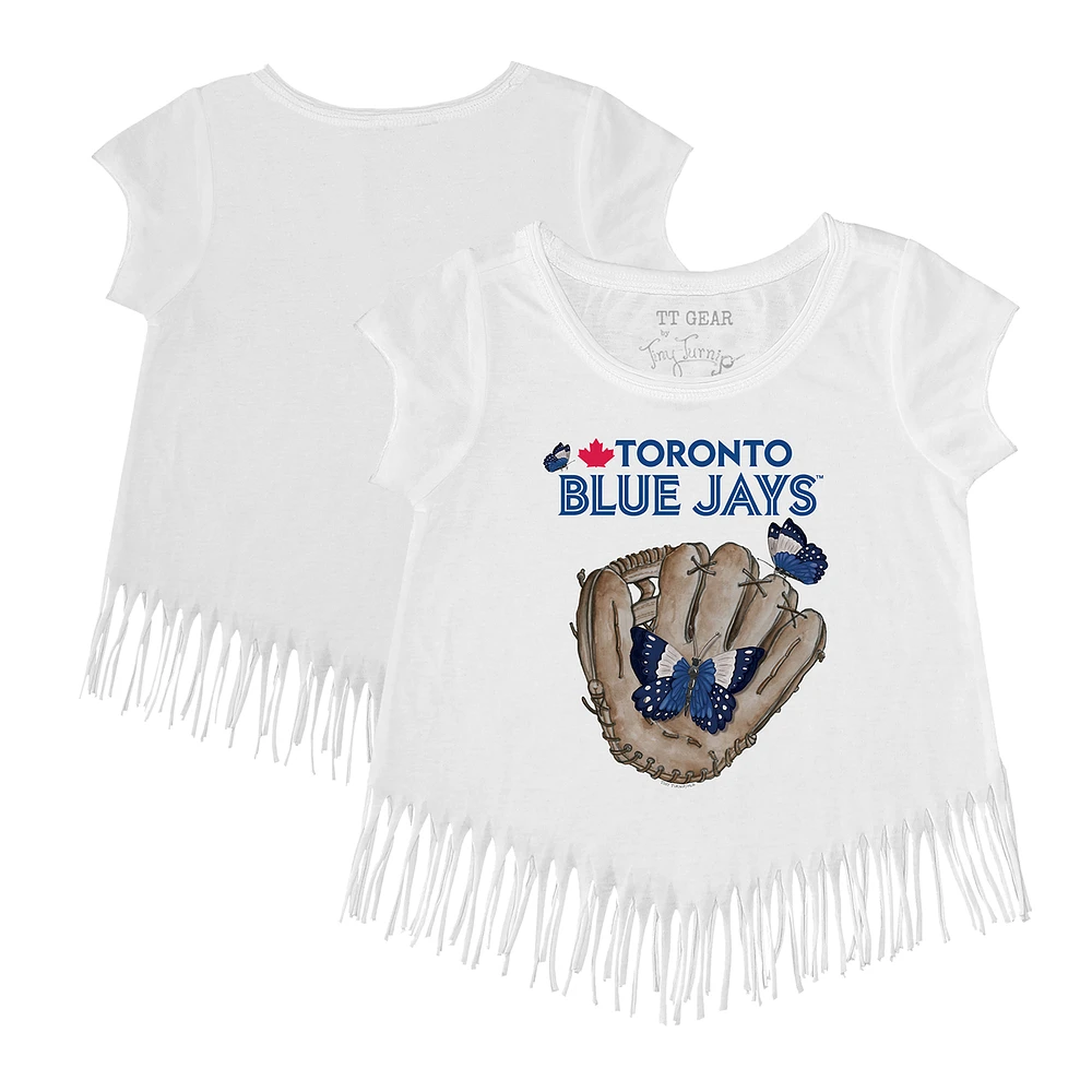 Girls Youth Tiny Turnip White Toronto Blue Jays Butterfly Glove Fringe T-Shirt