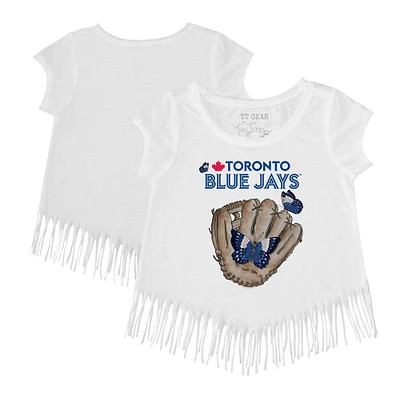 Girls Youth Tiny Turnip White Toronto Blue Jays Butterfly Glove Fringe T-Shirt