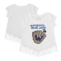 Girls Youth Tiny Turnip White Toronto Blue Jays Butterfly Glove Fringe T-Shirt