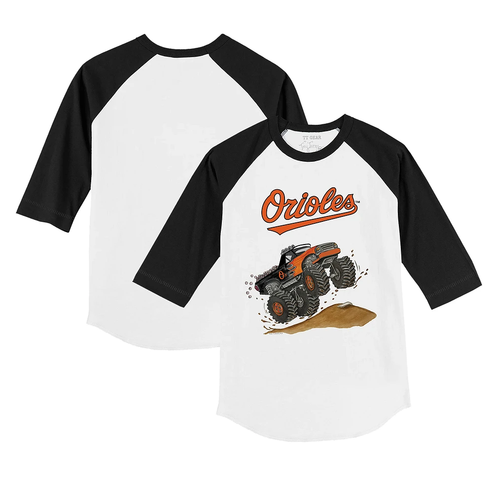 Youth Tiny Turnip White/Black Baltimore Orioles Monster Truck 3/4-Sleeve Raglan T-Shirt