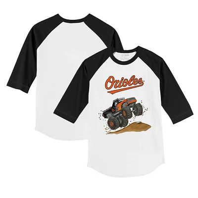 Youth Tiny Turnip White/Black Baltimore Orioles Monster Truck 3/4-Sleeve Raglan T-Shirt