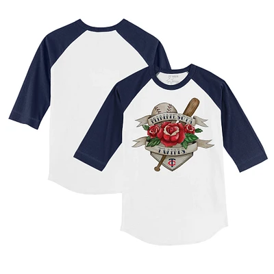 Youth Tiny Turnip White/Navy Minnesota Twins Tattoo Rose 3/4-Sleeve Raglan T-Shirt