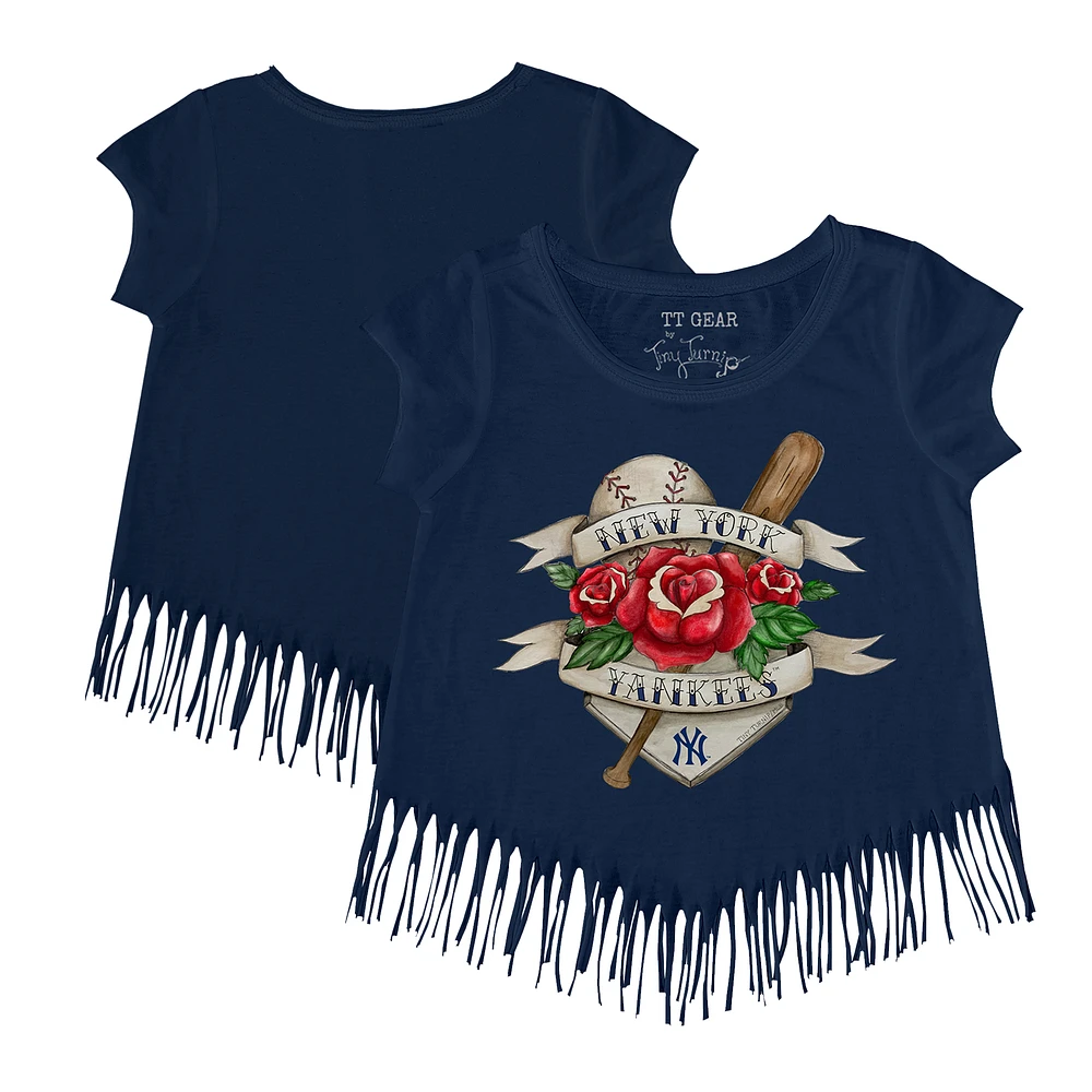 Girls Youth Tiny Turnip Navy New York Yankees Tattoo Rose Fringe T-Shirt