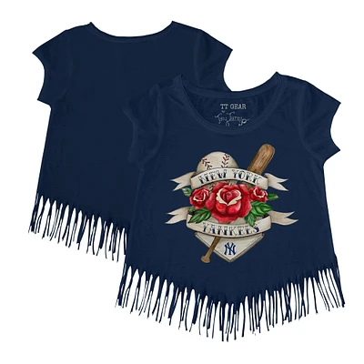 Girls Youth Tiny Turnip Navy New York Yankees Tattoo Rose Fringe T-Shirt