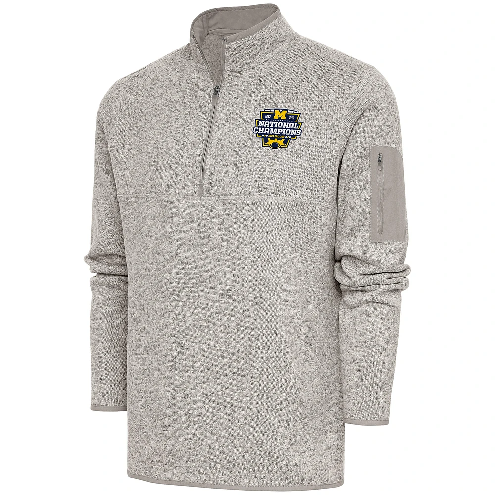 Men's Antigua Oatmeal Michigan Wolverines College Football Playoff 2023 National Champions Fortune Quarter-Zip Jacket