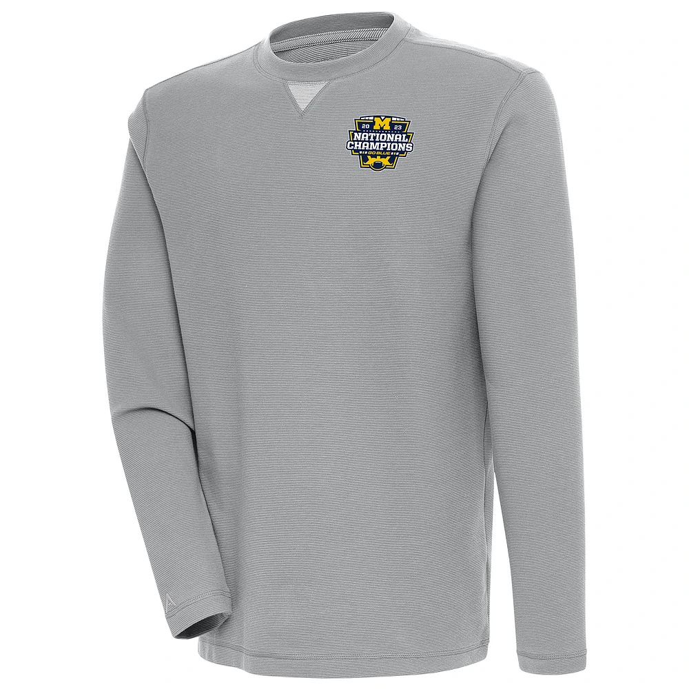 Men's Antigua Gray Michigan Wolverines College Football Playoff 2023 National Champions Flier Bunker Pullover Sweatshirt