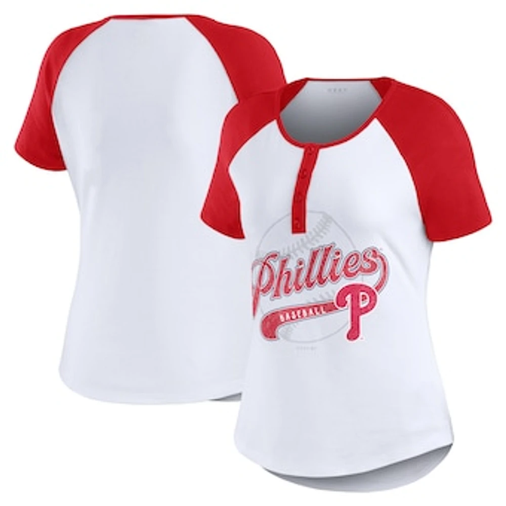 Women's WEAR by Erin Andrews White/Red Philadelphia Phillies Fitted Henley Raglan T-Shirt