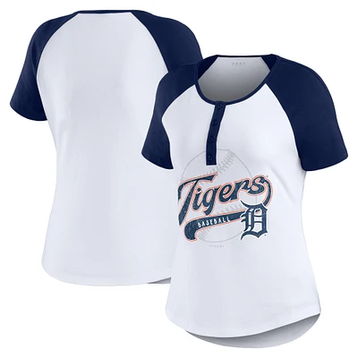 Women's WEAR by Erin Andrews White/Navy Detroit Tigers Fitted Henley Raglan T-Shirt