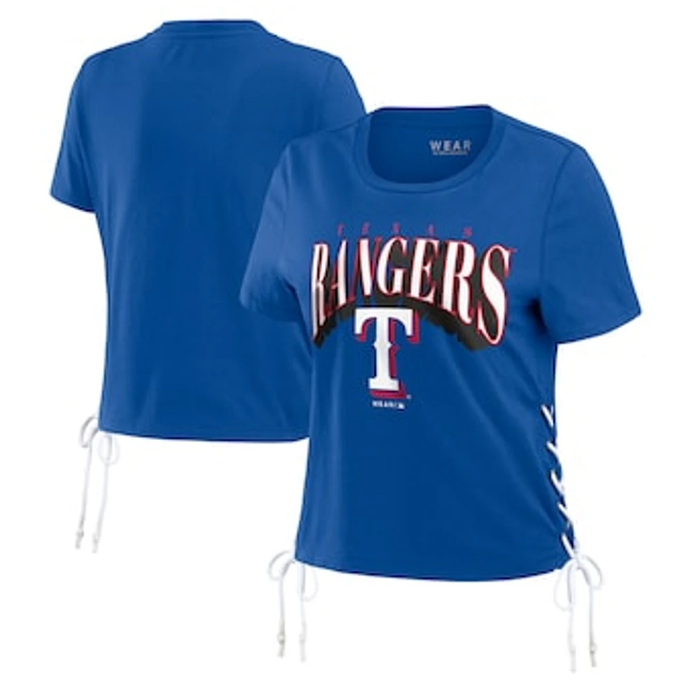 Women's WEAR by Erin Andrews Royal Texas Rangers Side Lace-Up Cropped T-Shirt