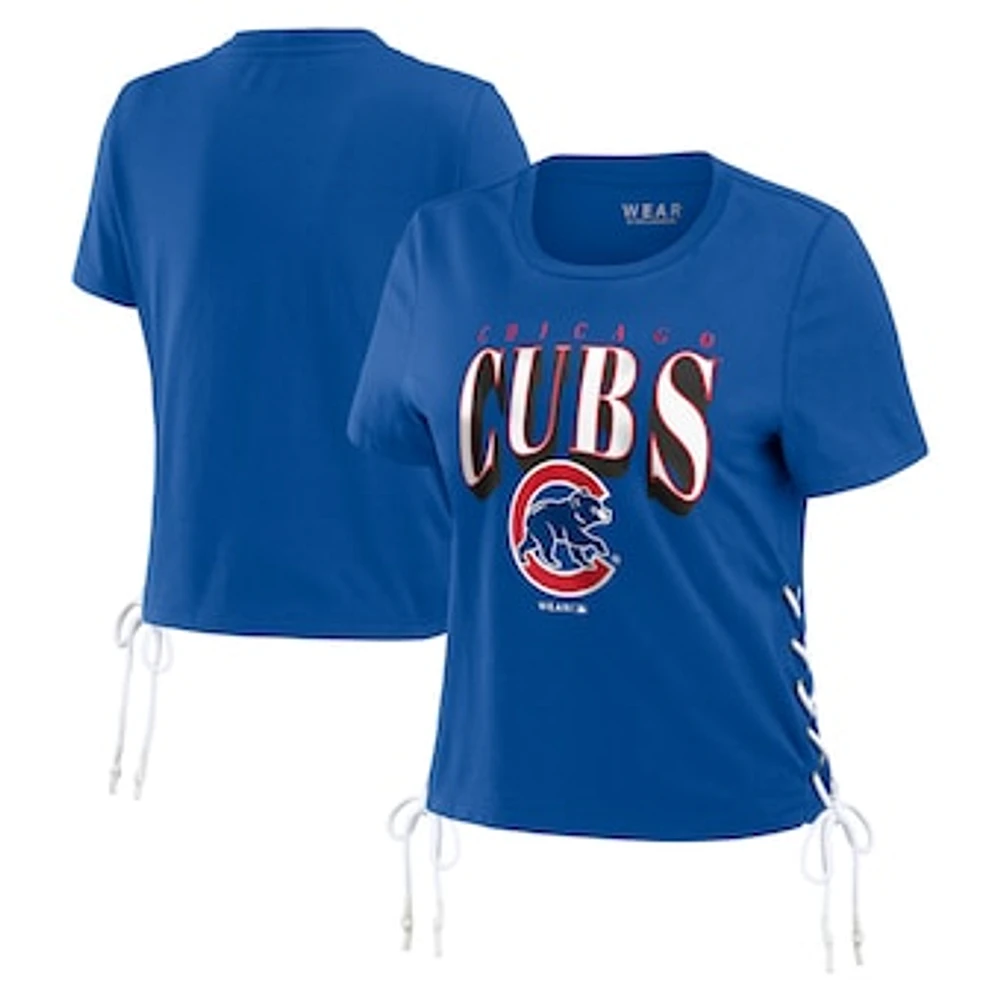 Women's WEAR by Erin Andrews Royal Chicago Cubs Side Lace-Up Cropped T-Shirt