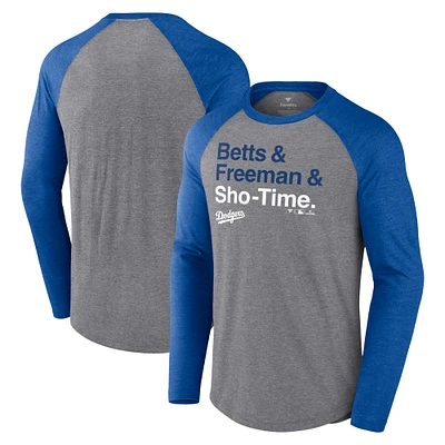 Men's Fanatics Gray Los Angeles Dodgers Exclusive Betts & Freeman & Sho-Time Tri-Blend Long Sleeve T-Shirt