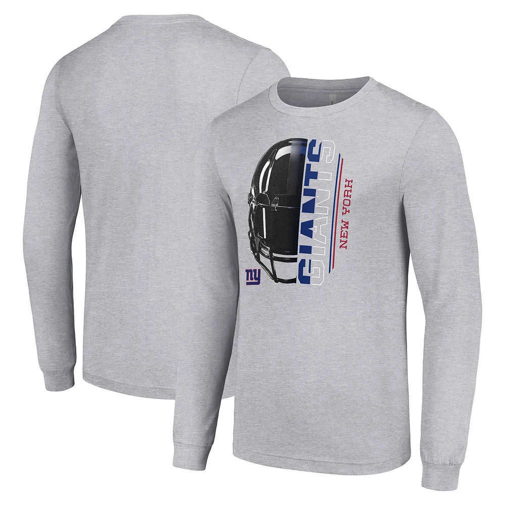 Men's Starter Heather Gray New York Giants Half Helmet Logo Long Sleeve Heathered T-Shirt