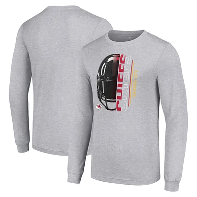 Men's Starter Heather Gray Kansas City Chiefs Half Helmet Logo Long Sleeve Heathered T-Shirt