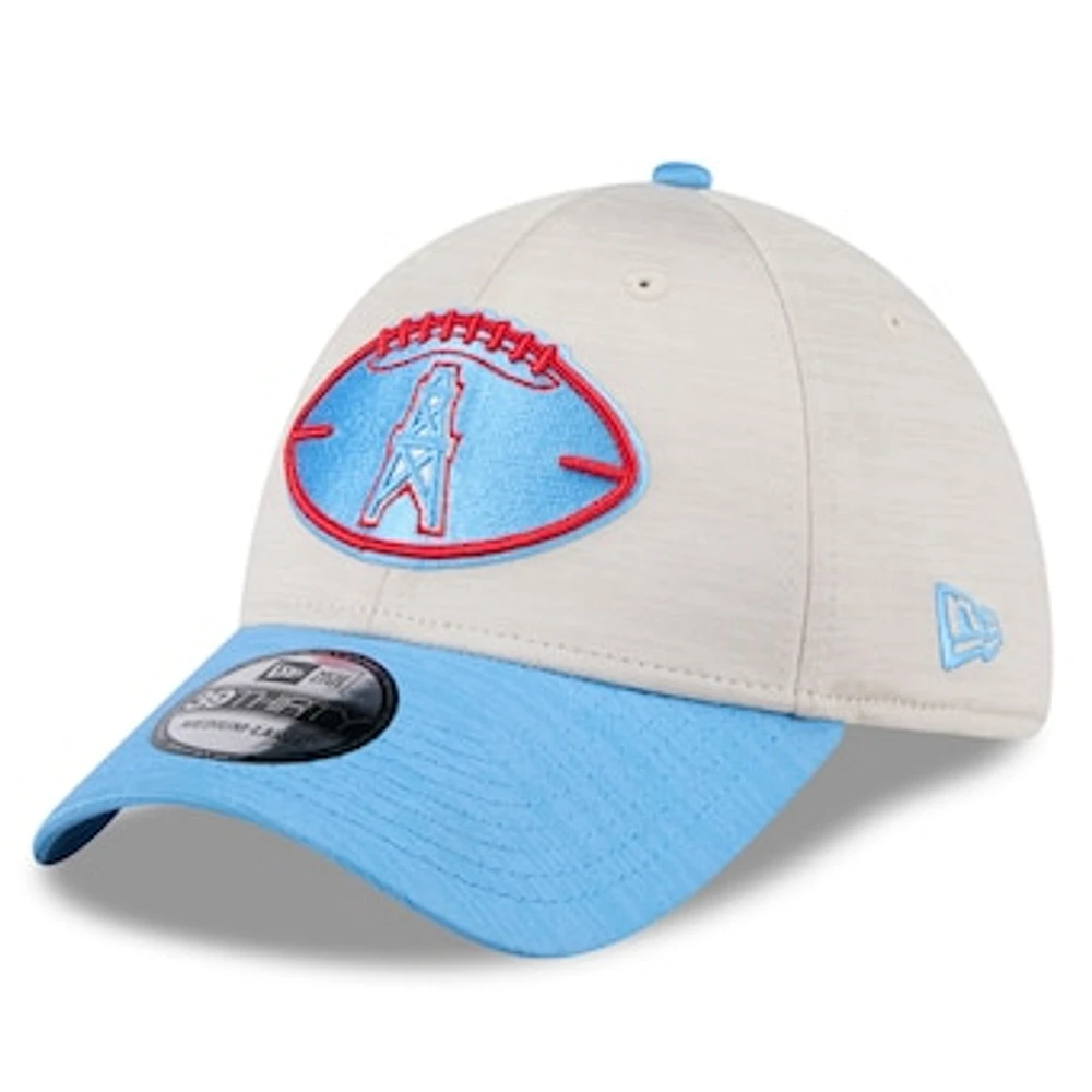 Men's New Era Stone/Light Blue Houston Oilers 2024 Sideline Gridiron Classics 39THIRTY Flex Hat