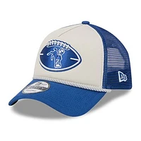 Men's New Era Stone/Royal Indianapolis Colts 2024 Sideline Historic 9FORTY A-Frame Trucker Adjustable Hat