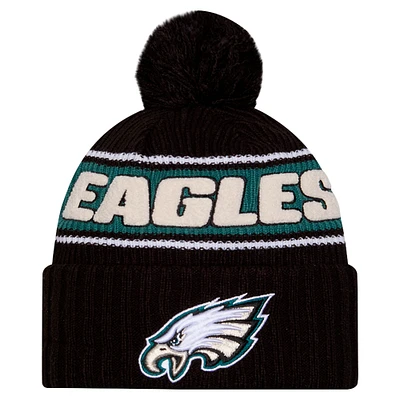 Men's New Era Black Philadelphia Eagles 2024 Sideline Cuffed Knit Hat with Pom