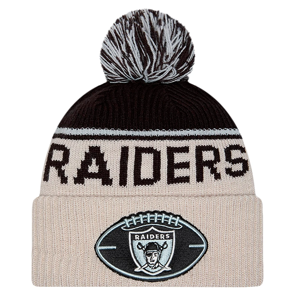 Men's New Era Stone Las Vegas Raiders NFL Sideline Historic Cuffed Knit Hat with Pom