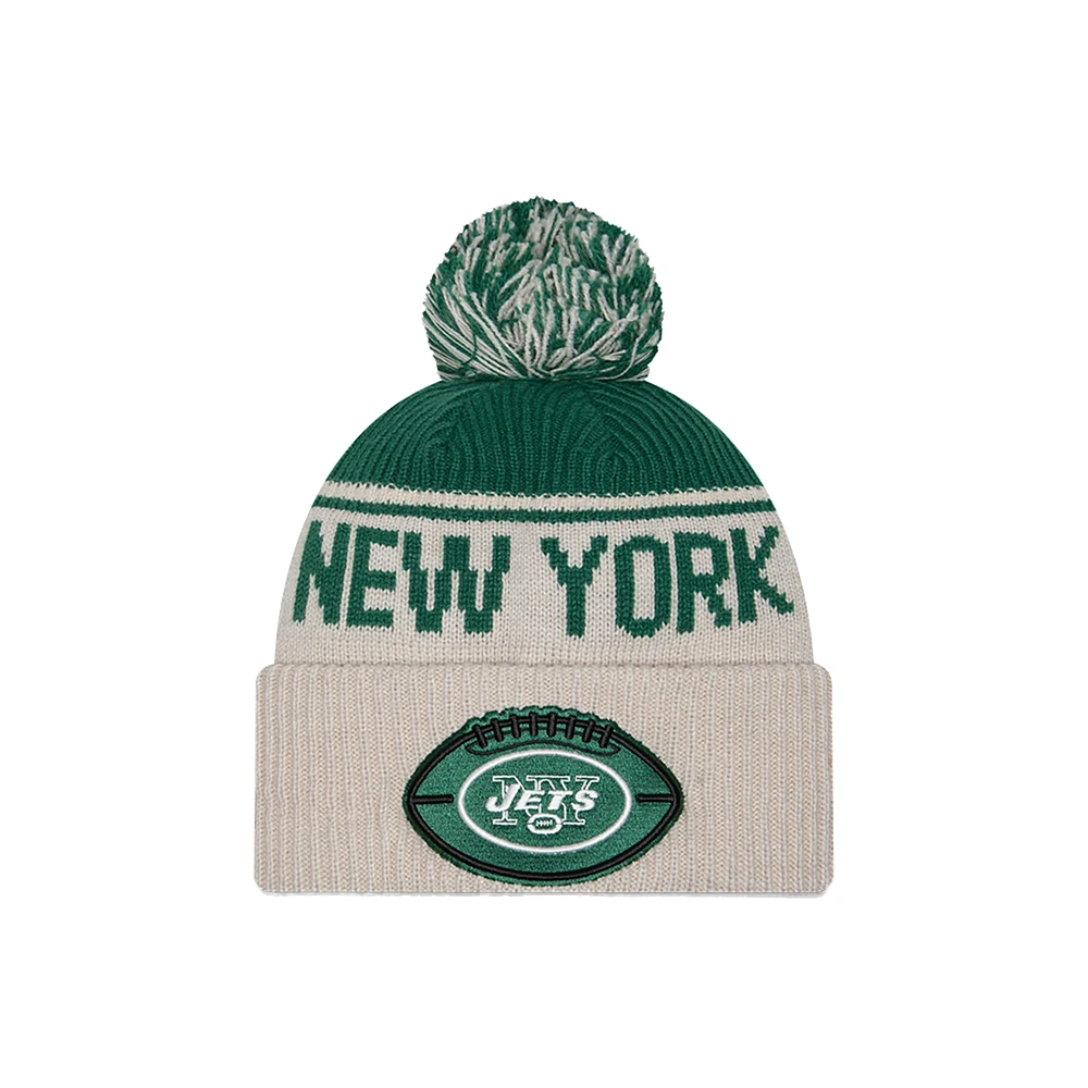 Men's New Era Stone New York Jets NFL Sideline Historic Cuffed Knit Hat with Pom