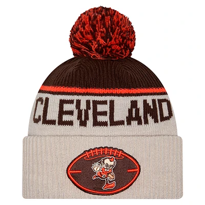 Men's New Era Stone Cleveland Browns NFL Sideline Historic Cuffed Knit Hat with Pom