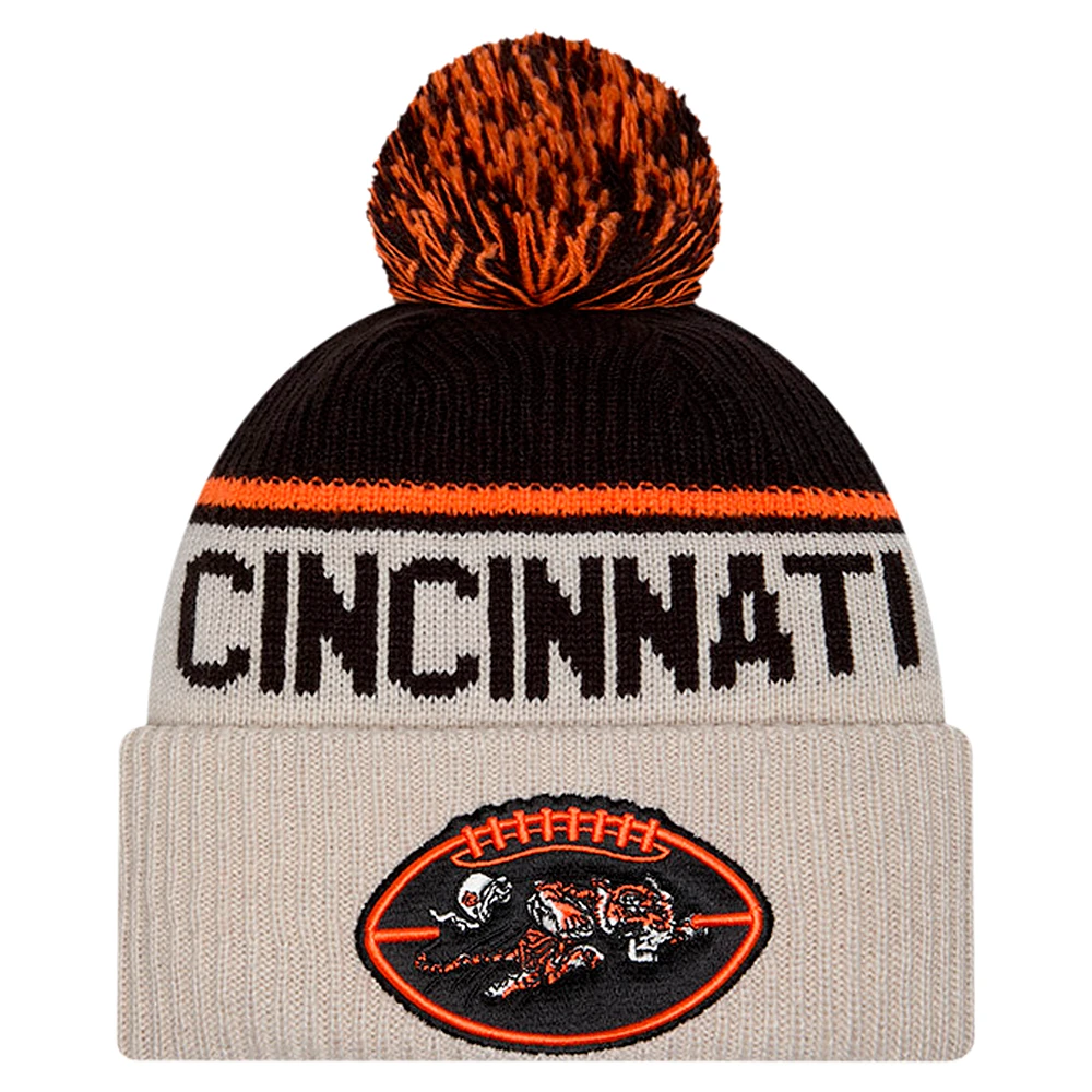 Men's New Era Stone Cincinnati Bengals NFL Sideline Historic Cuffed Knit Hat with Pom