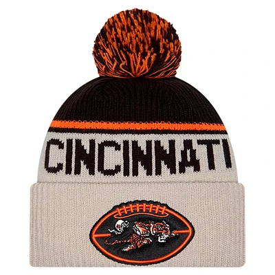 Men's New Era Stone Cincinnati Bengals NFL Sideline Historic Cuffed Knit Hat with Pom