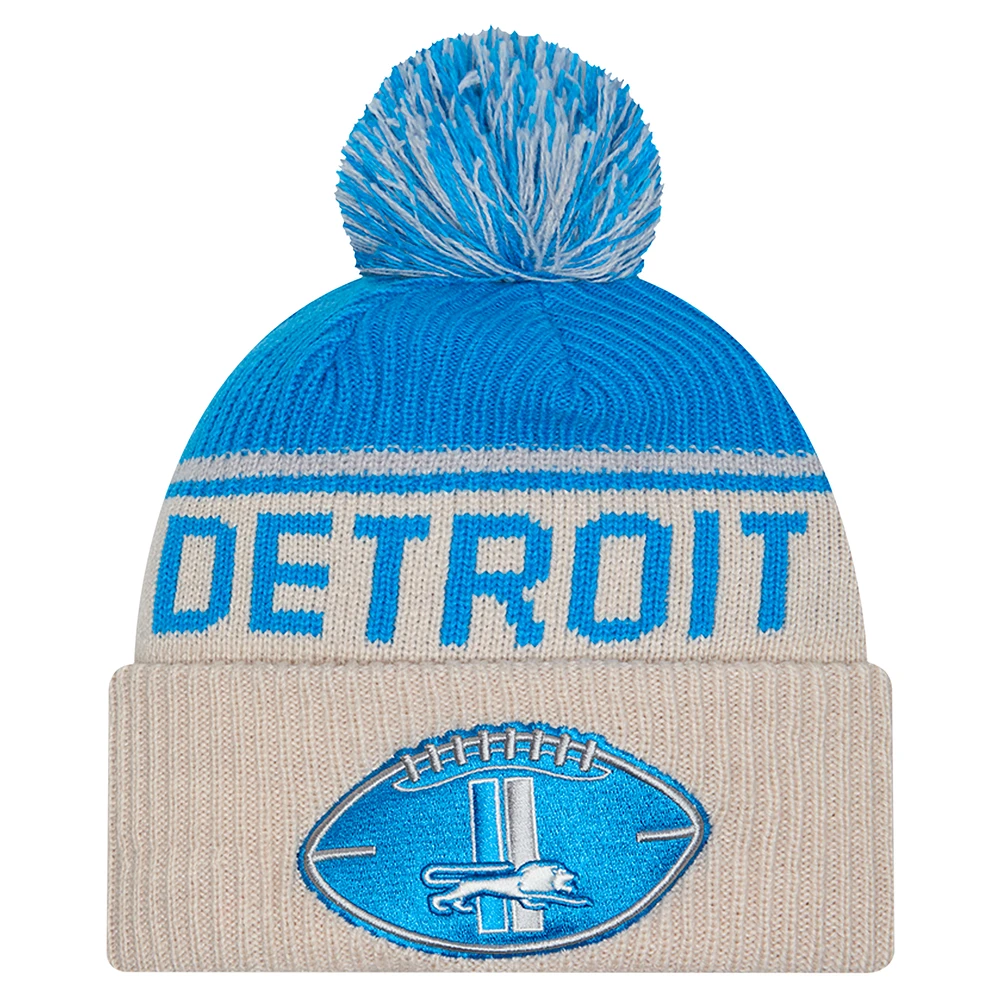 Men's New Era Stone Detroit Lions NFL Sideline Historic Cuffed Knit Hat with Pom