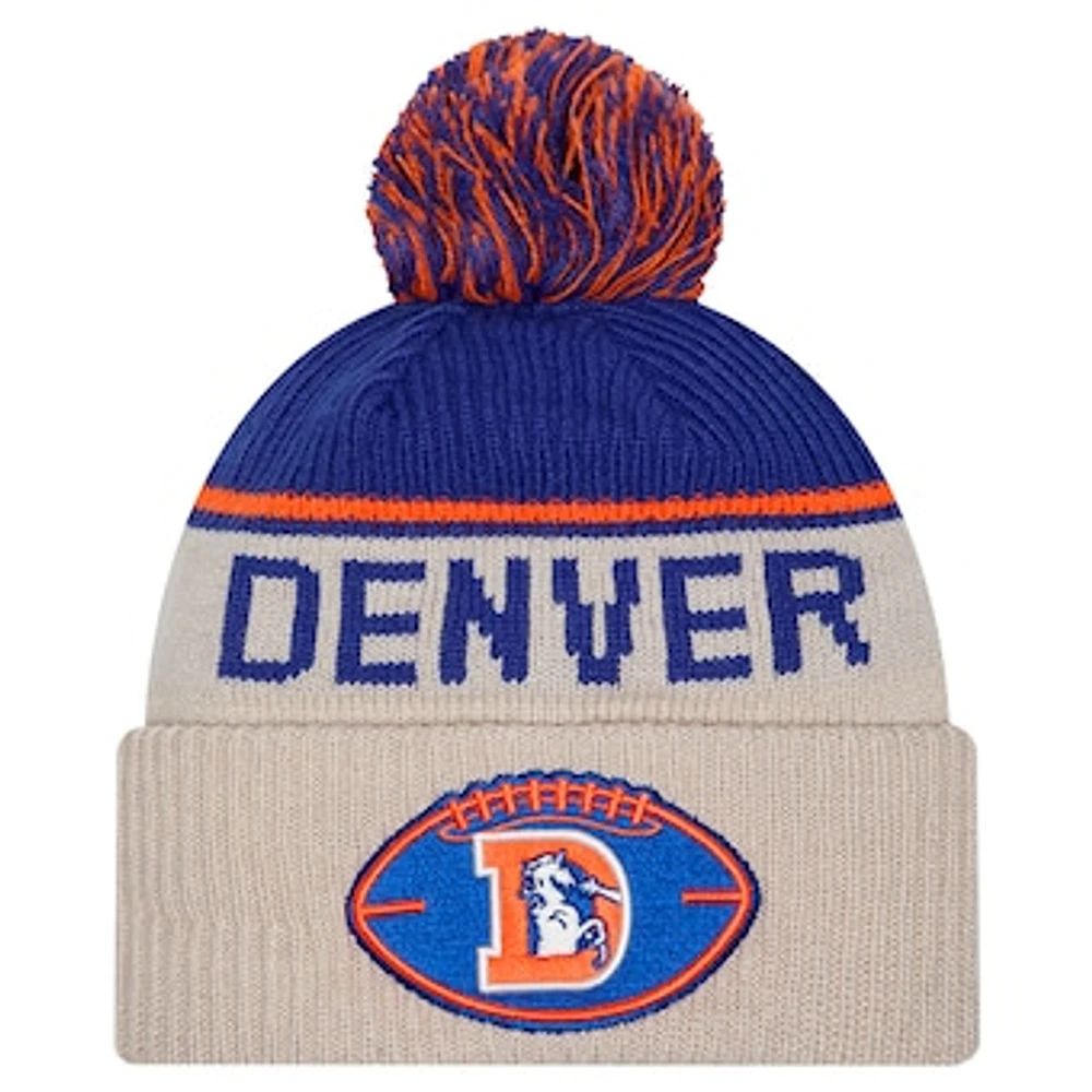 Men's New Era Stone Denver Broncos NFL Sideline Historic Cuffed Knit Hat with Pom