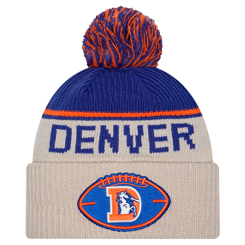 Men's New Era Stone Denver Broncos NFL Sideline Historic Cuffed Knit Hat with Pom