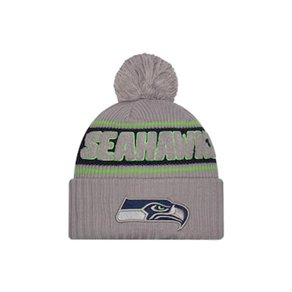 Men's New Era  Gray Seattle Seahawks 2024 Sideline Sport Cuffed Knit Hat with Pom